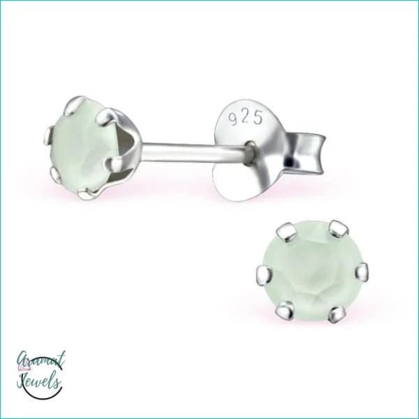 925 Zilveren Kristallen Oorbellen Rond 4-8mm - Sprankelende Studs - 4mm / Poeder Groen -