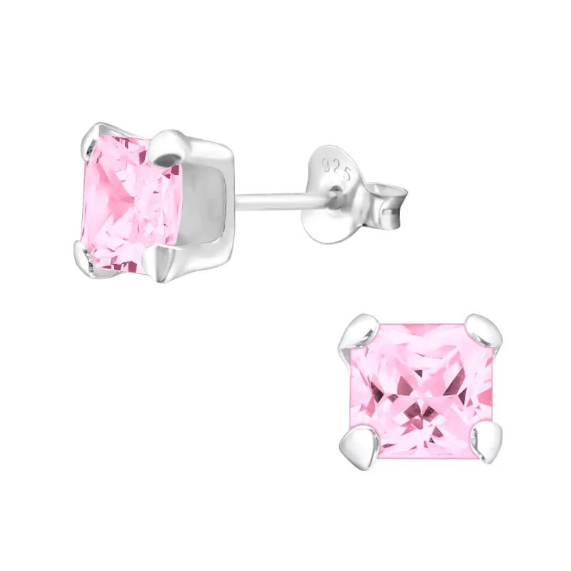 Zilveren Vierkante Zirkonia Oorbellen - 6mm - Roze -