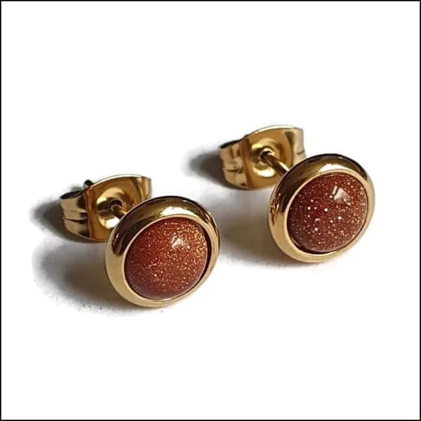 RVS Zandsteen Oorbellen Bruin 8mm - Natuursteen Oorstekers - Goudkleurig -