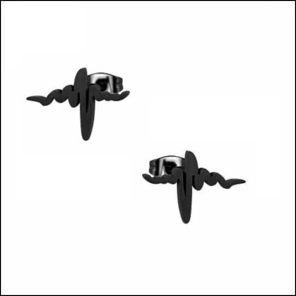 RVS Hartslag Oorbellen Heartbeat 11x5mm - ECG Oorstekers - Zwart-10x7mm -