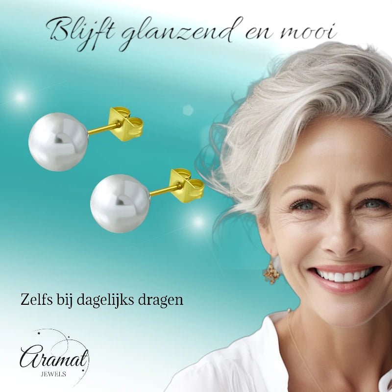 Goudkleurige Pareloorbellen 8mm - RVS -