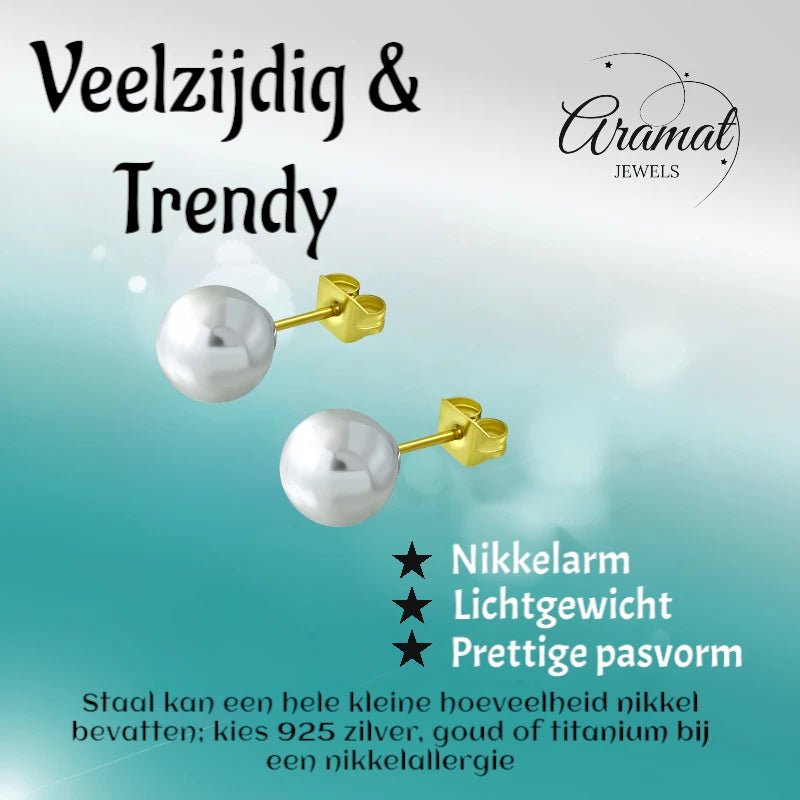 Goudkleurige Pareloorbellen 8mm - RVS -