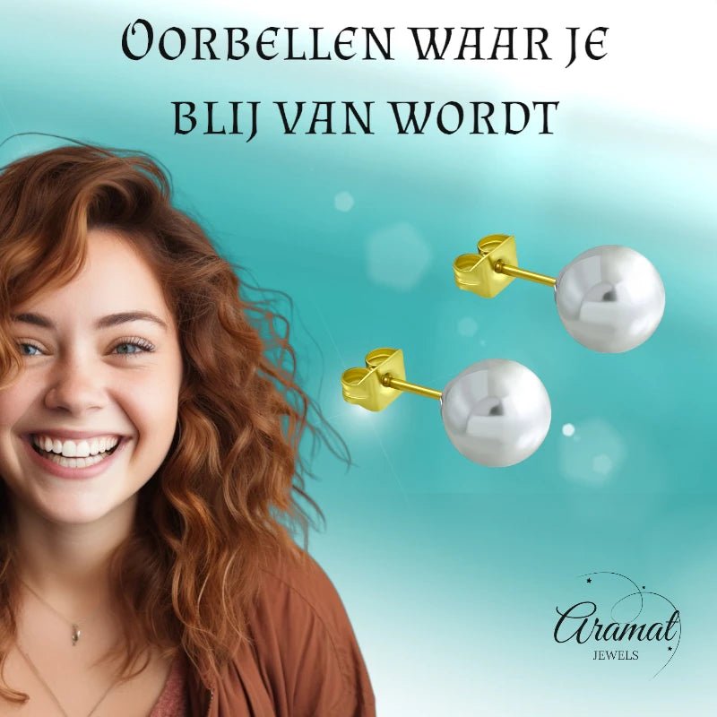 Goudkleurige Pareloorbellen 8mm - RVS -