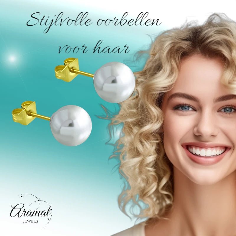 Goudkleurige Pareloorbellen 8mm - RVS -