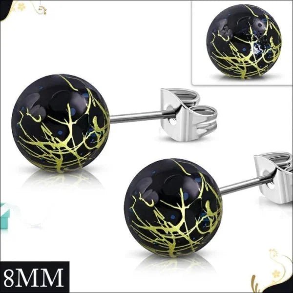 Leuke Ronde Spetter Oorbellen - 8mm / Zwart-Goudkleurig-Blauw -