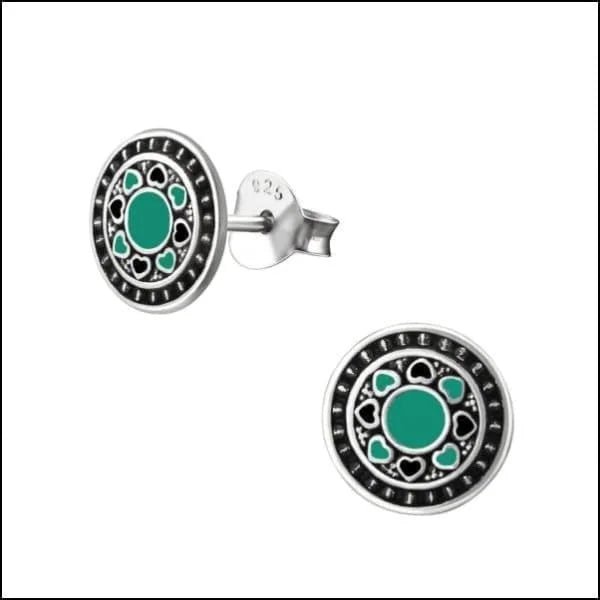 925 Zilveren Bali Oorbellen Rond - Etnisch Design - Groen Emaille-8mm -