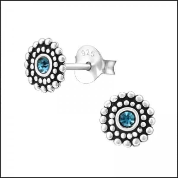 925 Zilveren Bali Oorbellen Rond - Etnisch Design - Donker Blauw Kristal-6mm -