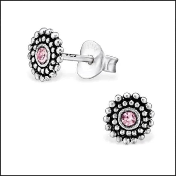 925 Zilveren Bali Oorbellen Rond - Etnisch Design - Licht Roze Kristal-6mm -