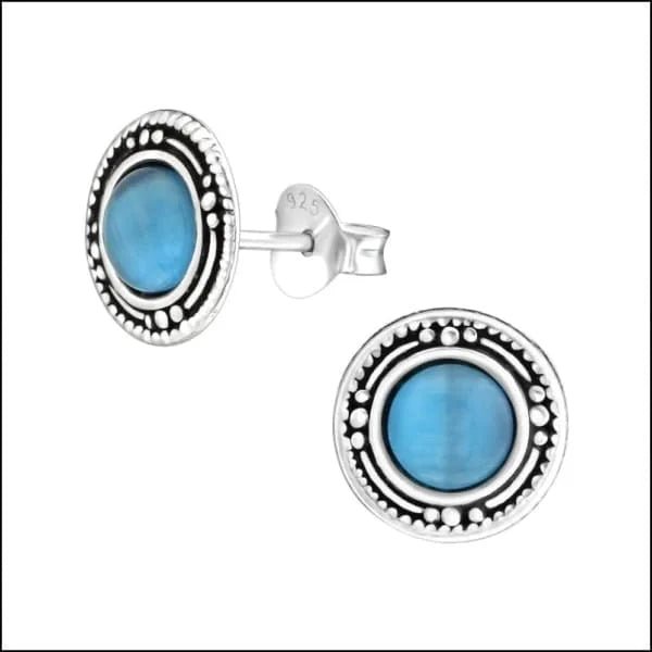 925 Zilveren Bali Oorbellen Rond - Etnisch Design - Cats eye Blauw-9mm -
