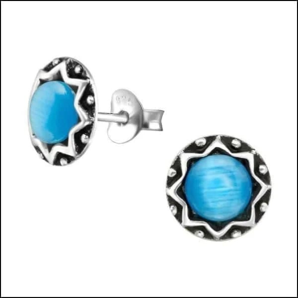 925 Zilveren Bali Oorbellen Rond - Etnisch Design - Blauw/Cats eye-9mm -