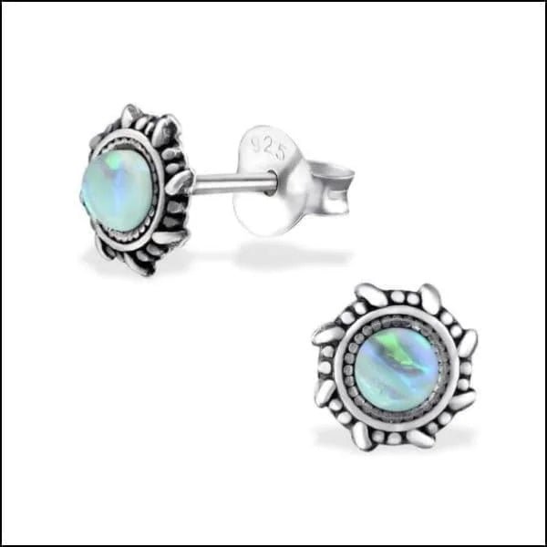 925 Zilveren Bali Oorbellen Rond - Etnisch Design - Opaal Mint Groen/6mm -