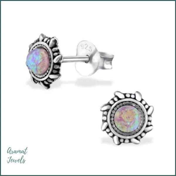 925 Zilveren Bali Oorbellen Rond - Etnisch Design - Opaal Roze/6mm -