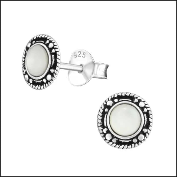925 Zilveren Bali Oorbellen Rond - Etnisch Design - Schelp Wit/7mm -