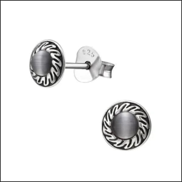 925 Zilveren Bali Oorbellen Rond - Etnisch Design - Grijs Cat eye/6mm -