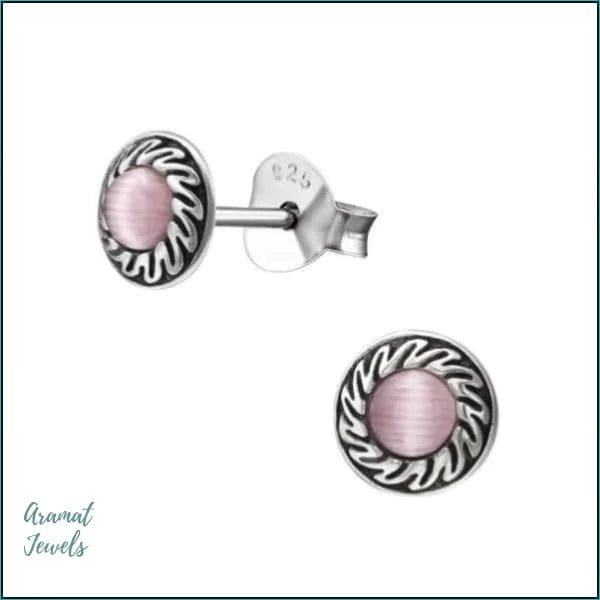 925 Zilveren Bali Oorbellen Rond - Etnisch Design - Roze Cat eye/6mm -