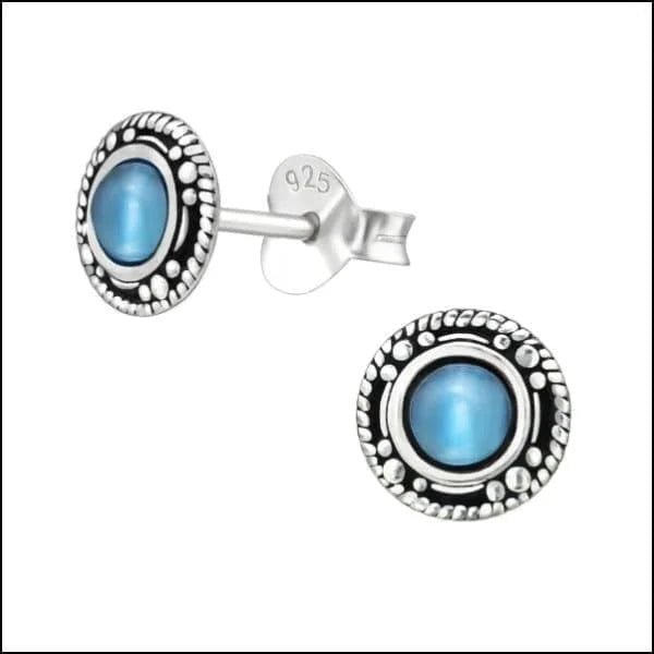 925 Zilveren Bali Oorbellen Rond - Etnisch Design - Blauw Cat eye/7mm -