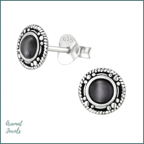 925 Zilveren Bali Oorbellen Rond - Etnisch Design - Grijs Cat eye/7mm -