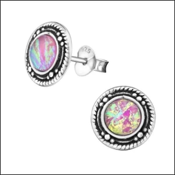 925 Zilveren Bali Oorbellen Rond - Etnisch Design - Roze Opaal/9mm -