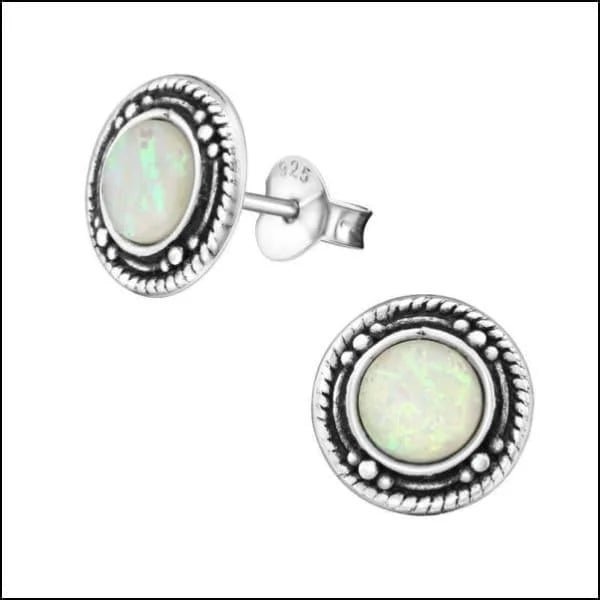 925 Zilveren Bali Oorbellen Rond - Etnisch Design - Wit Opaal/9mm -