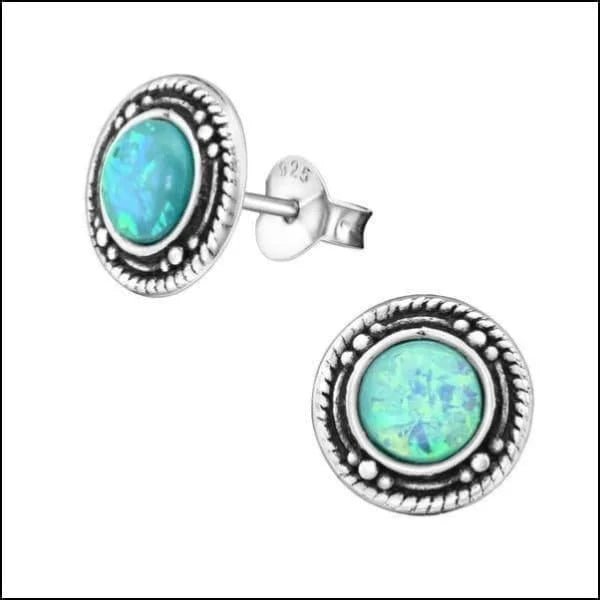 925 Zilveren Bali Oorbellen Rond - Etnisch Design - Mint Groen Opaal/9mm -