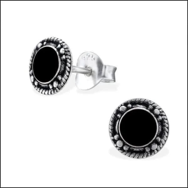 925 Zilveren Bali Oorbellen Rond - Etnisch Design - Emaille Zwart/7mm - Unisex