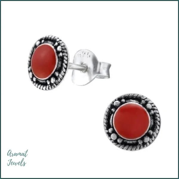925 Zilveren Bali Oorbellen Rond - Etnisch Design - Emaille Rood/7mm -