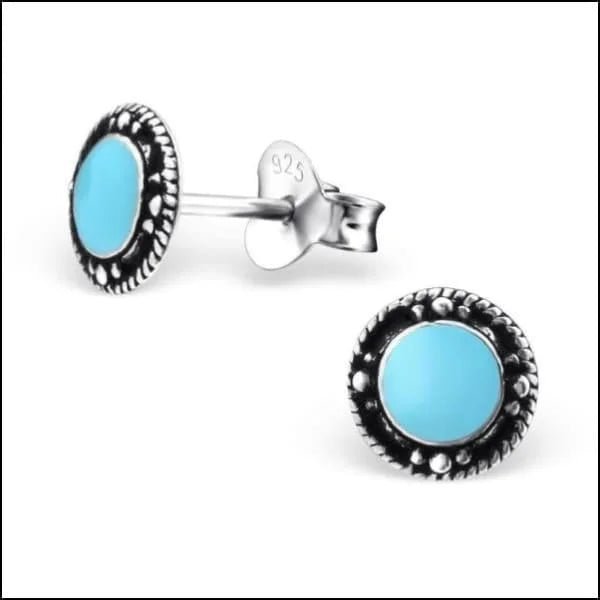 925 Zilveren Bali Oorbellen Rond - Etnisch Design - Blauw Emaille/7mm -