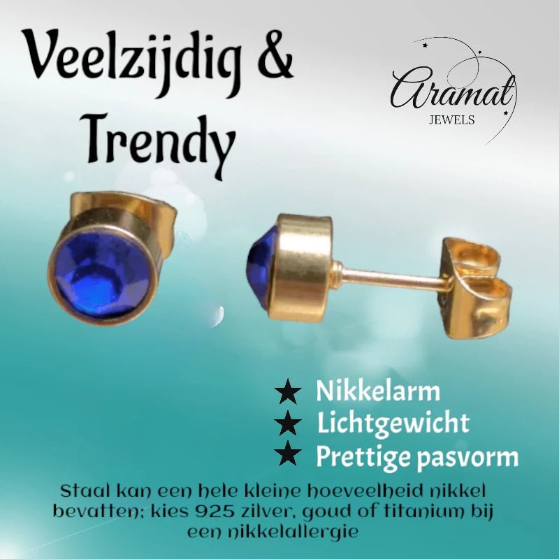 Donker blauwe Zirkonia Oorbellen - 6mm -