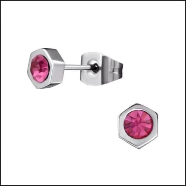 RVS Zeshoek Oorbellen met Kristal 3-6mm - Geometrische Studs - Zilverkleur / 5mm / Roze -