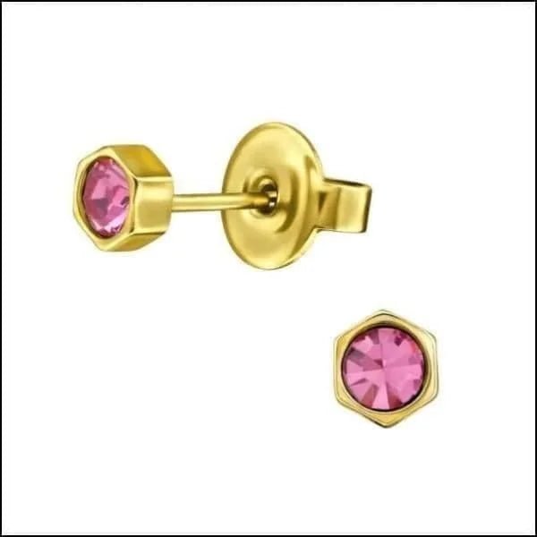 RVS Zeshoek Oorbellen met Kristal 3-6mm - Geometrische Studs - Zilverkleur / 5mm / Donker Roze -