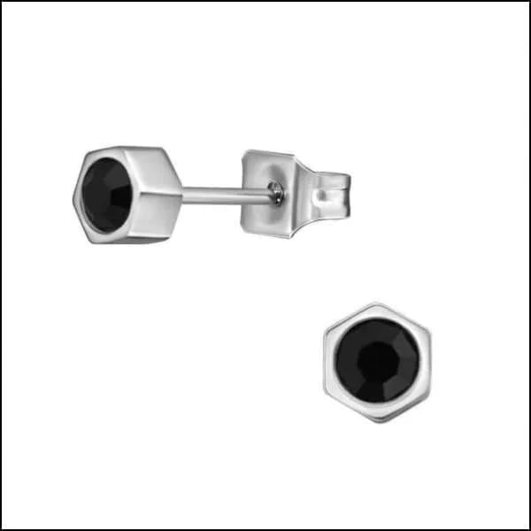 RVS Zeshoek Oorbellen met Kristal 3-6mm - Geometrische Studs - Zilverkleur / 4mm / Zwart -