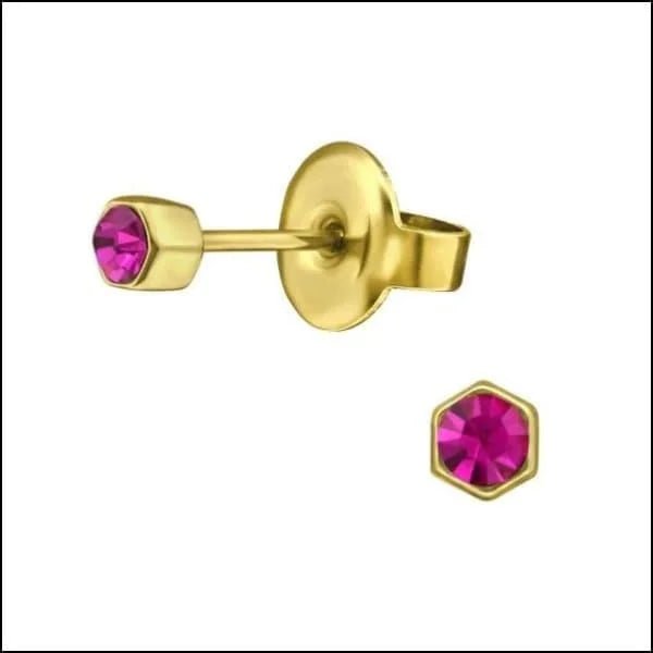 RVS Zeshoek Oorbellen met Kristal 3-6mm - Geometrische Studs - Goudkleur / 3mm / Donker Roze -