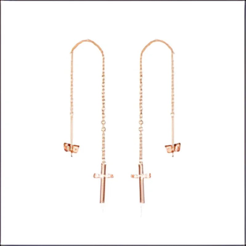 RVS Doortrek Oorbellen met Kettinkje Diverse Kleuren - Trendy Hangers - Rosekleurig -
