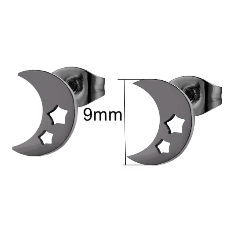 RVS Oorbellen Maan en Ster 10mm - Celestial Oorstekers - Zwart - 10x8mm -
