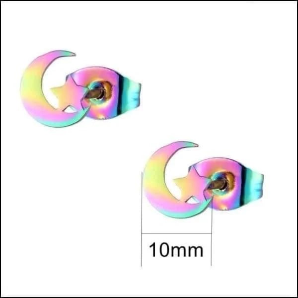 RVS Oorbellen Maan en Ster 10mm - Celestial Oorstekers - Regenboog kleur - 10mm -