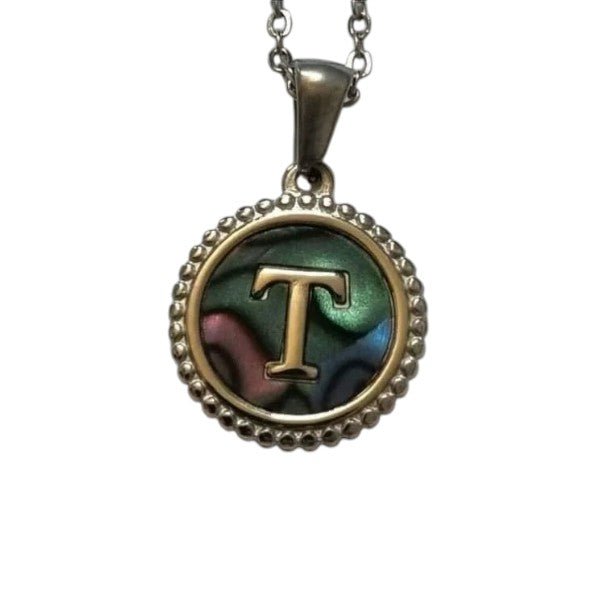 Unieke Stalen Initiaal Ketting met Abalone Schelp - Zilverkleur - 45cm - T - Heren