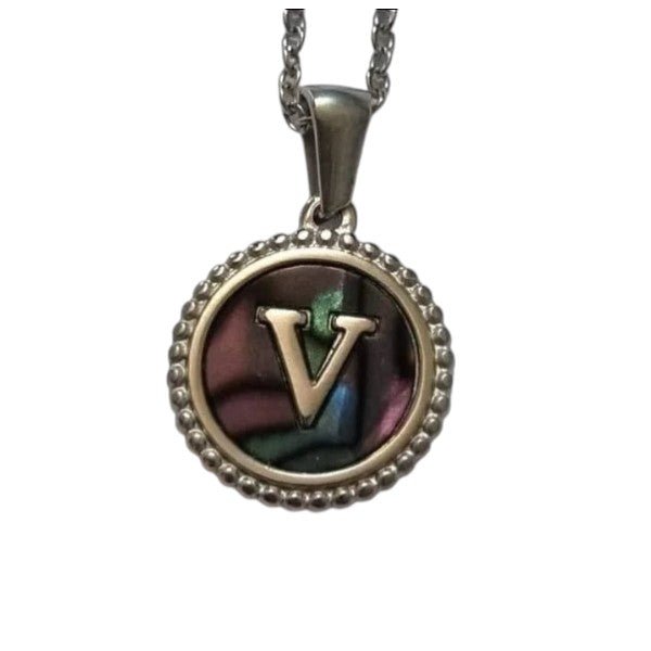 Unieke Stalen Initiaal Ketting met Abalone Schelp - Zilverkleur - 45cm - V - Heren