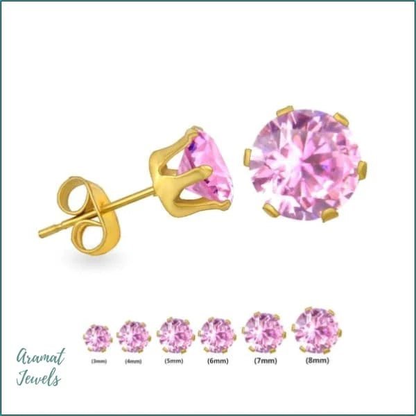 RVS Zirkonia Oorbellen Rond 3-8mm - Diverse Kleuren Oorstekers - Goudkleur / 3mm / Roze -