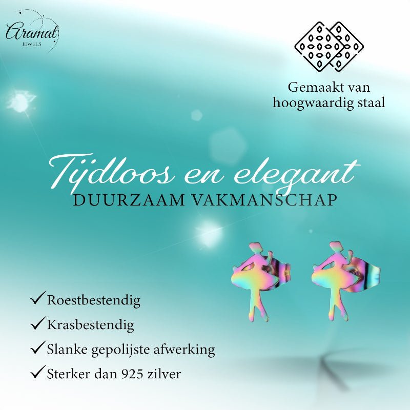 RVS Ballerina Oorbellen 12x7mm Multikleur - Danseres Ballet Studs -