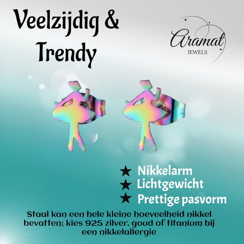 RVS Ballerina Oorbellen 12x7mm Multikleur - Danseres Ballet Studs -