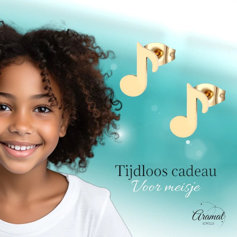 Muzieknoot Oorbellen Goudkleur RVS 7x6mm - Muziekliefhebber Cadeau -