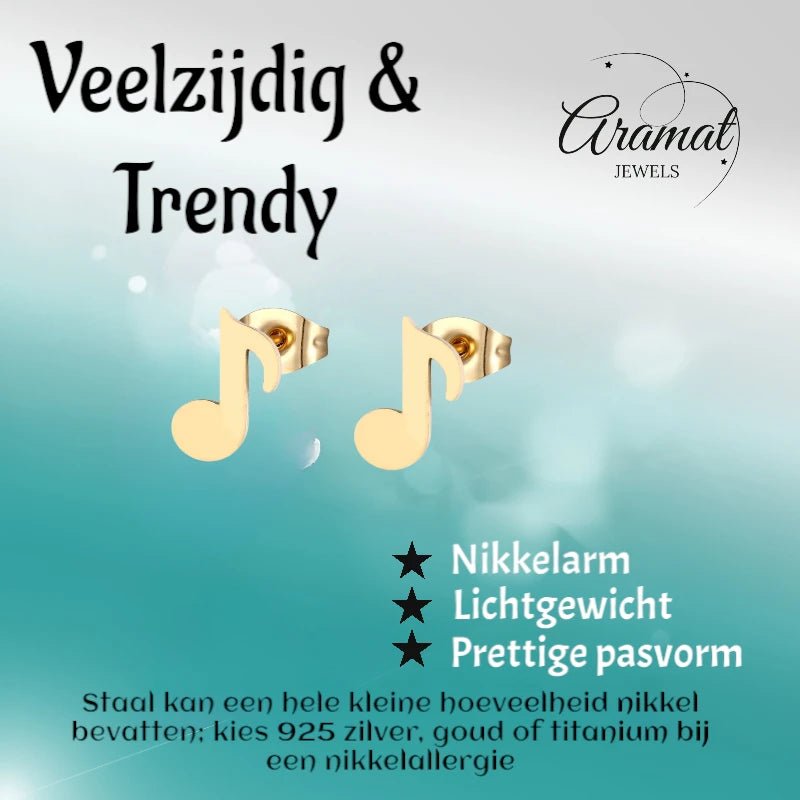 Muzieknoot Oorbellen Goudkleur RVS 7x6mm - Muziekliefhebber Cadeau -