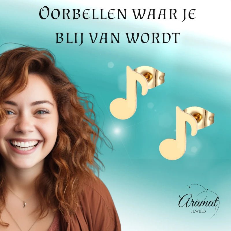 Muzieknoot Oorbellen Goudkleur RVS 7x6mm - Muziekliefhebber Cadeau -
