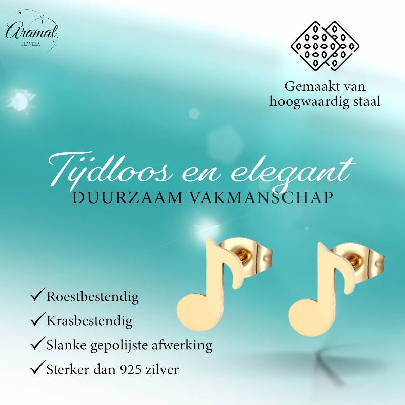 Muzieknoot Oorbellen Goudkleur RVS 7x6mm - Muziekliefhebber Cadeau -