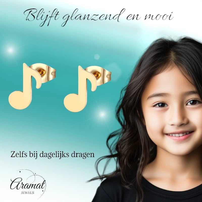 Muzieknoot Oorbellen Goudkleur RVS 7x6mm - Muziekliefhebber Cadeau -