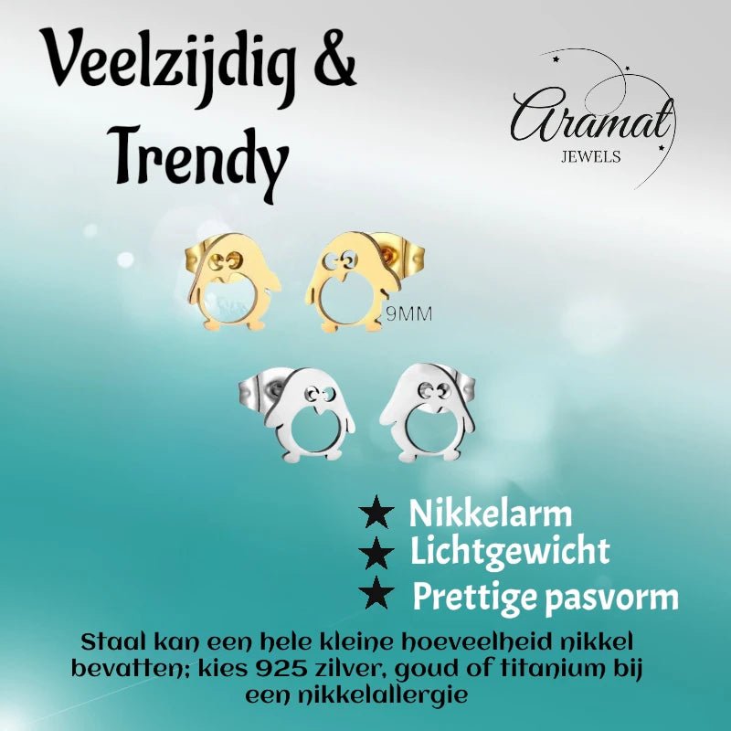Schattige Stalen Pingu&Atilde;&macr;n Oorstekers - Goudkleurig -