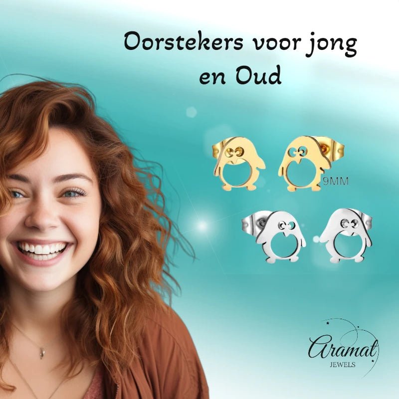 Schattige Stalen Pingu&Atilde;&macr;n Oorstekers - Goudkleurig -