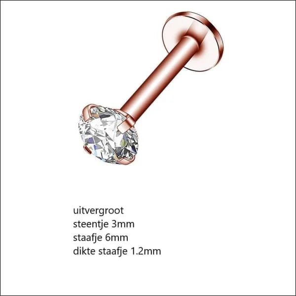 RVS Labret Piercing met Ronde Zirkonia 6x1.2mm - Helix Tragus Stud - Ros&Atilde;&copy;kleurig / 4mm 