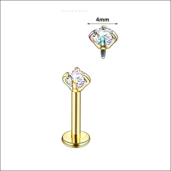 RVS Labret Piercing met Ronde Zirkonia 6x1.2mm - Helix Tragus Stud - Goudkleurig / 4mm / AB Transpar