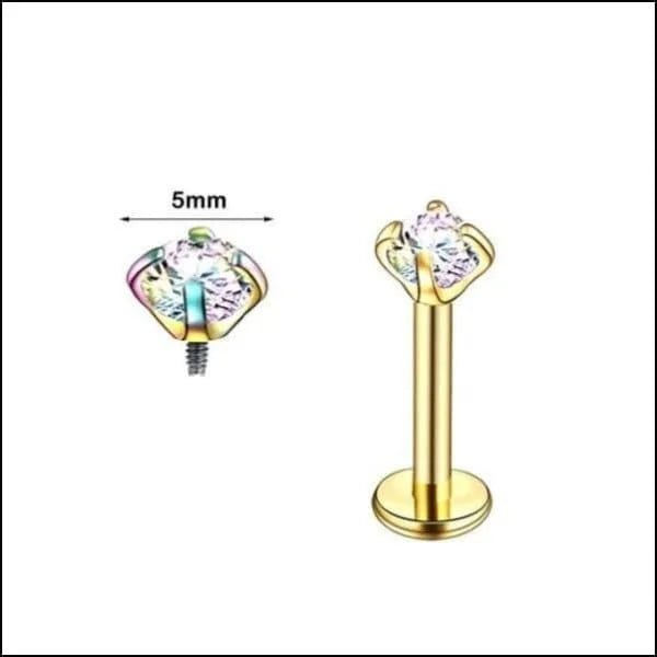 RVS Labret Piercing met Ronde Zirkonia 6x1.2mm - Helix Tragus Stud - Goudkleurig / 5mm / AB Transpar